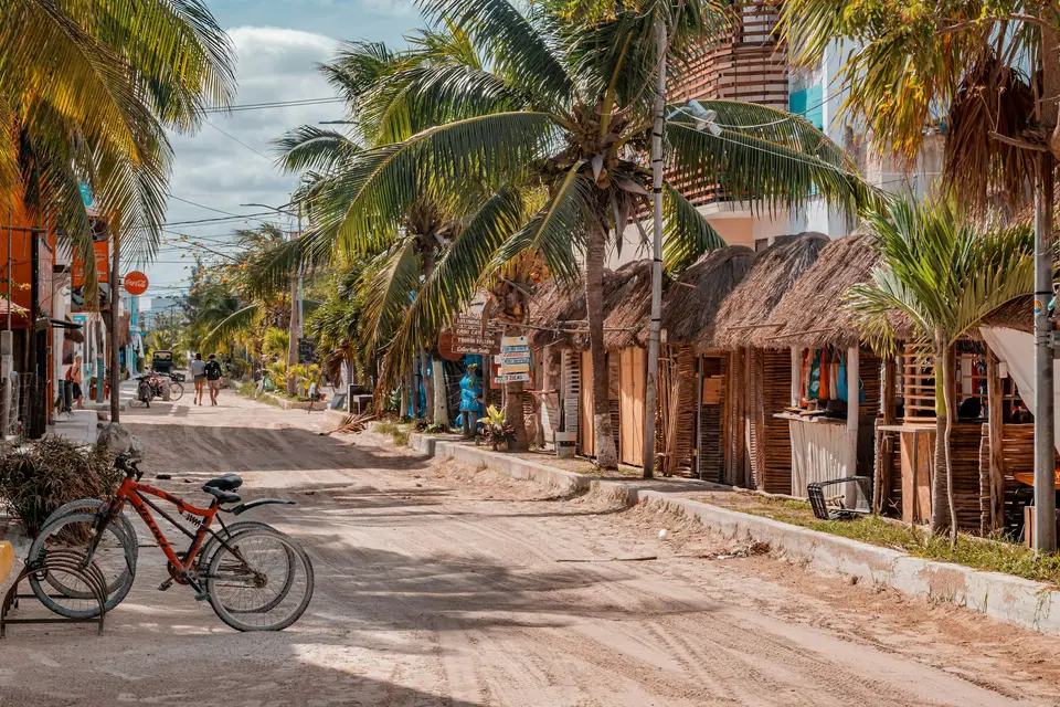 bicycle parked beside palm tree near brown wooden building during daytime — Holbox
