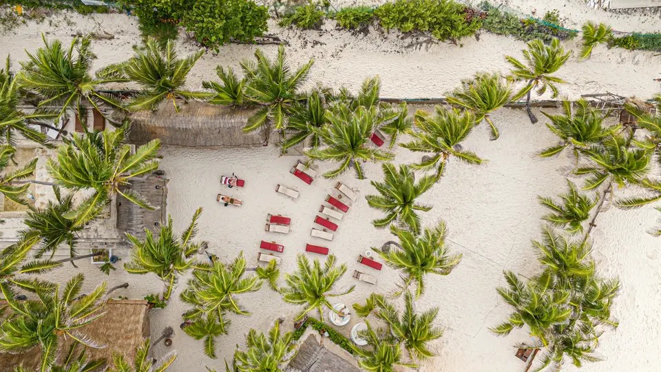 Aerial view of a tropical beach with palm trees — Isla Mujeres