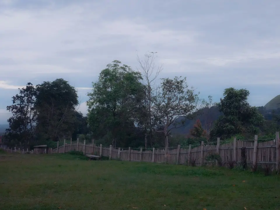 A green field, wooden fence, trees, and cloudy sky — Mérida